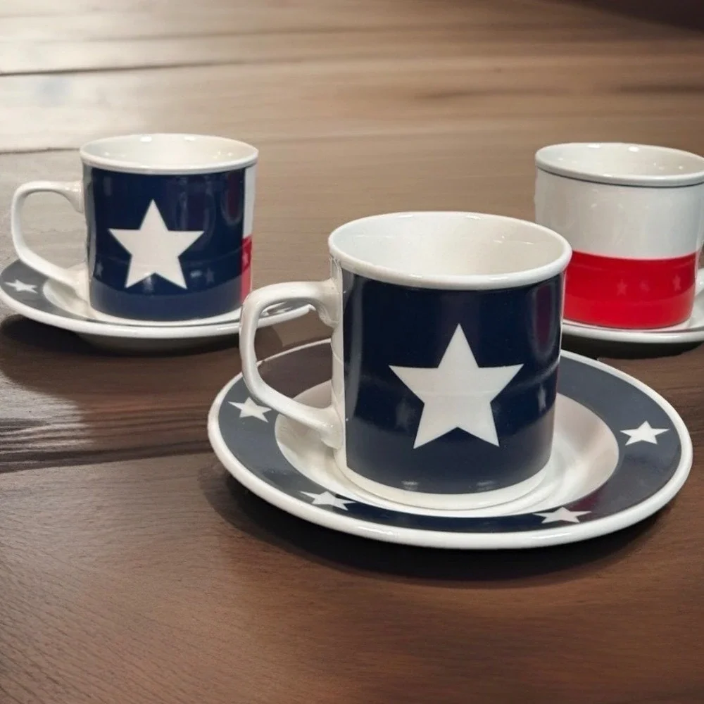 Set of 3 Texas Lone Star Cups & Saucers Patriotic Red White Blue Totally Today